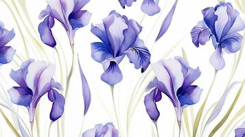 Seamless pattern of Iris flower in watercolor style isolated on white background. Iris flower texture background. Generative AI photo