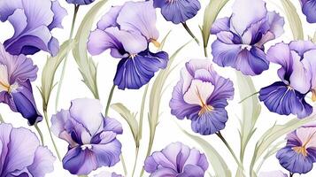 Seamless pattern of Iris flower in watercolor style isolated on white background. Iris flower texture background. Generative AI photo