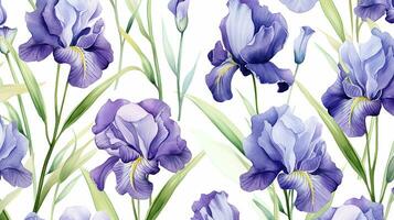 Seamless pattern of Iris flower in watercolor style isolated on white background. Iris flower texture background. Generative AI photo