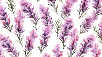 Seamless pattern of Heather flower in watercolor style isolated on white background. Heather flower texture background. Generative AI photo