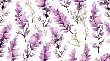 Seamless pattern of Heather flower in watercolor style isolated on white background. Heather flower texture background. Generative AI photo