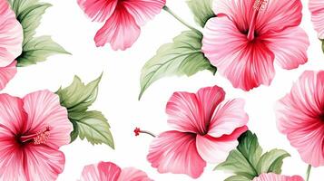 Seamless pattern of Hibiscus flower in watercolor style isolated on white background. Hibiscus flower texture background. Generative AI photo