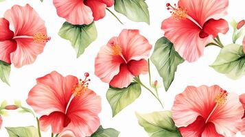 Seamless pattern of Hibiscus flower in watercolor style isolated on white background. Hibiscus flower texture background. Generative AI photo