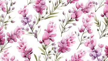 Seamless pattern of Heather flower in watercolor style isolated on white background. Heather flower texture background. Generative AI photo