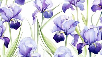 Seamless pattern of Iris flower in watercolor style isolated on white background. Iris flower texture background. Generative AI photo