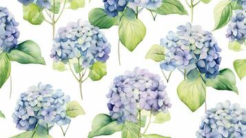 Seamless pattern of Hydrangea flower in watercolor style isolated on white background. Hydrangea flower texture background. Generative AI photo