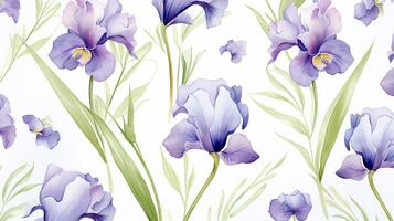 Seamless pattern of Iris flower in watercolor style isolated on white background. Iris flower texture background. Generative AI photo