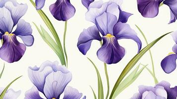 Seamless pattern of Iris flower in watercolor style isolated on white background. Iris flower texture background. Generative AI photo