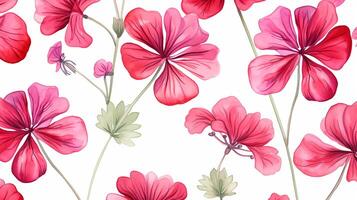 Seamless pattern of Geranium flower in watercolor style isolated on white background. Geranium flower texture background. Generative AI photo