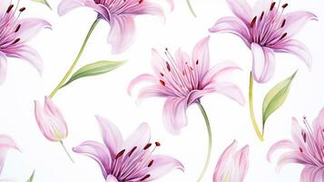 Seamless pattern of Fairy Lily flower in watercolor style isolated on white background. Fairy Lily flower texture background. Generative AI photo