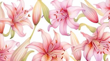 Seamless pattern of Fairy Lily flower in watercolor style isolated on white background. Fairy Lily flower texture background. Generative AI photo