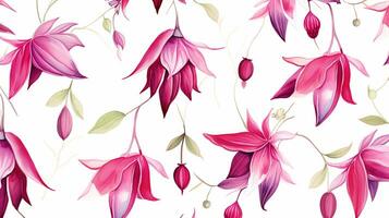 Seamless pattern of Fuchsia flower in watercolor style isolated on white background. Fuchsia flower texture background. Generative AI photo