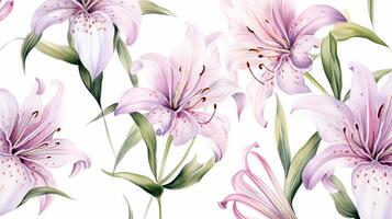 Seamless pattern of Fairy Lily flower in watercolor style isolated on white background. Fairy Lily flower texture background. Generative AI photo