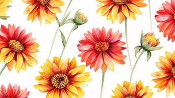 Seamless pattern of Gaillardia flower in watercolor style isolated on white background. Gaillardia flower texture background. Generative AI photo