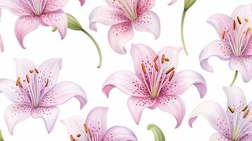 Seamless pattern of Fairy Lily flower in watercolor style isolated on white background. Fairy Lily flower texture background. Generative AI photo