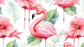 Seamless pattern of Flamingo flower in watercolor style isolated on white background. Flamingo flower texture background. Generative AI photo