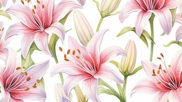 Seamless pattern of Fairy Lily flower in watercolor style isolated on white background. Fairy Lily flower texture background. Generative AI photo
