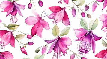 Seamless pattern of Fuchsia flower in watercolor style isolated on white background. Fuchsia flower texture background. Generative AI photo