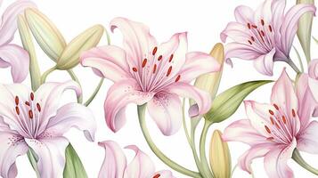 Seamless pattern of Fairy Lily flower in watercolor style isolated on white background. Fairy Lily flower texture background. Generative AI photo