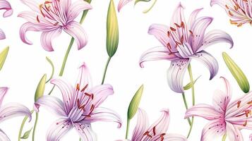 Seamless pattern of Fairy Lily flower in watercolor style isolated on white background. Fairy Lily flower texture background. Generative AI photo