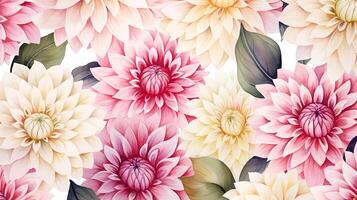 Seamless pattern of Dahlia flower in watercolor style isolated on white background. Dahlia flower texture background. Generative AI photo