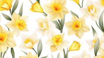 Seamless pattern of Daffodil flower in watercolor style isolated on white background. Daffodil flower texture background. Generative AI photo