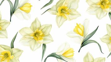 Seamless pattern of Daffodil flower in watercolor style isolated on white background. Daffodil flower texture background. Generative AI photo