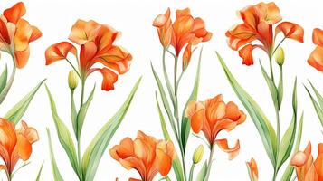 Seamless pattern of Canna Lily flower in watercolor style isolated on white background. Canna Lily flower texture background. Generative AI photo