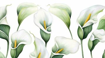 Seamless pattern of Calla Lily flower in watercolor style isolated on white background. Calla Lily flower texture background. Generative AI photo