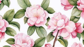 Seamless pattern of Camellia flower in watercolor style isolated on white background. Camellia flower texture background. Generative AI photo
