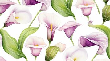 Seamless pattern of Calla Lily flower in watercolor style isolated on white background. Calla Lily flower texture background. Generative AI photo
