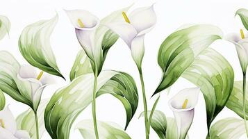 Seamless pattern of Calla Lily flower in watercolor style isolated on white background. Calla Lily flower texture background. Generative AI photo