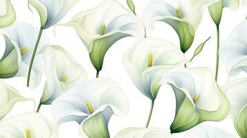 Seamless pattern of Calla Lily flower in watercolor style isolated on white background. Calla Lily flower texture background. Generative AI photo