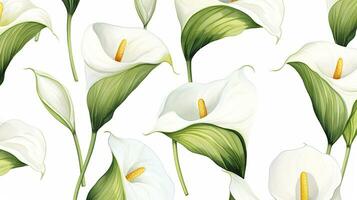 Seamless pattern of Calla Lily flower in watercolor style isolated on white background. Calla Lily flower texture background. Generative AI photo