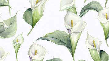 Seamless pattern of Calla Lily flower in watercolor style isolated on white background. Calla Lily flower texture background. Generative AI photo