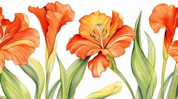Seamless pattern of Canna Lily flower in watercolor style isolated on white background. Canna Lily flower texture background. Generative AI photo
