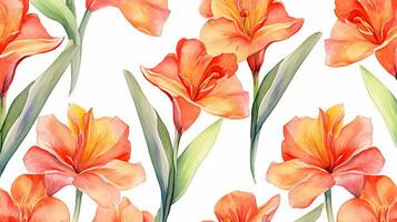 Seamless pattern of Canna Lily flower in watercolor style isolated on white background. Canna Lily flower texture background. Generative AI photo