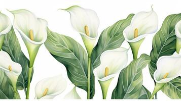 Seamless pattern of Calla Lily flower in watercolor style isolated on white background. Calla Lily flower texture background. Generative AI photo