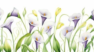 Seamless pattern of Calla Lily flower in watercolor style isolated on white background. Calla Lily flower texture background. Generative AI photo