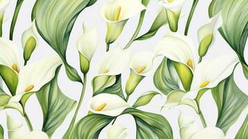 Seamless pattern of Calla Lily flower in watercolor style isolated on white background. Calla Lily flower texture background. Generative AI photo