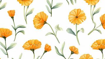 Seamless pattern of Calendula flower in watercolor style isolated on white background. Calendula flower texture background. Generative AI photo