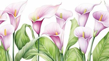 Seamless pattern of Calla Lily flower in watercolor style isolated on white background. Calla Lily flower texture background. Generative AI photo