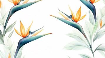 Seamless pattern of Bird of Paradise flower in watercolor style isolated on white background. Bird of Paradise flower texture background. Generative AI photo