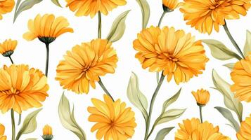 Seamless pattern of Calendula flower in watercolor style isolated on white background. Calendula flower texture background. Generative AI photo