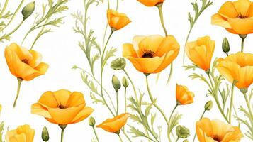 Seamless pattern of California Poppy flower in watercolor style isolated on white background. California Poppy flower texture background. Generative AI photo