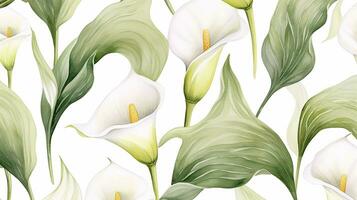 Seamless pattern of Calla Lily flower in watercolor style isolated on white background. Calla Lily flower texture background. Generative AI photo