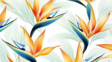 Seamless pattern of Bird of Paradise flower in watercolor style isolated on white background. Bird of Paradise flower texture background. Generative AI photo