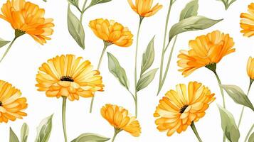 Seamless pattern of Calendula flower in watercolor style isolated on white background. Calendula flower texture background. Generative AI photo