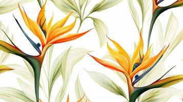 Seamless pattern of Bird of Paradise flower in watercolor style isolated on white background. Bird of Paradise flower texture background. Generative AI photo