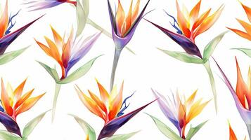 Seamless pattern of Bird of Paradise flower in watercolor style isolated on white background. Bird of Paradise flower texture background. Generative AI photo